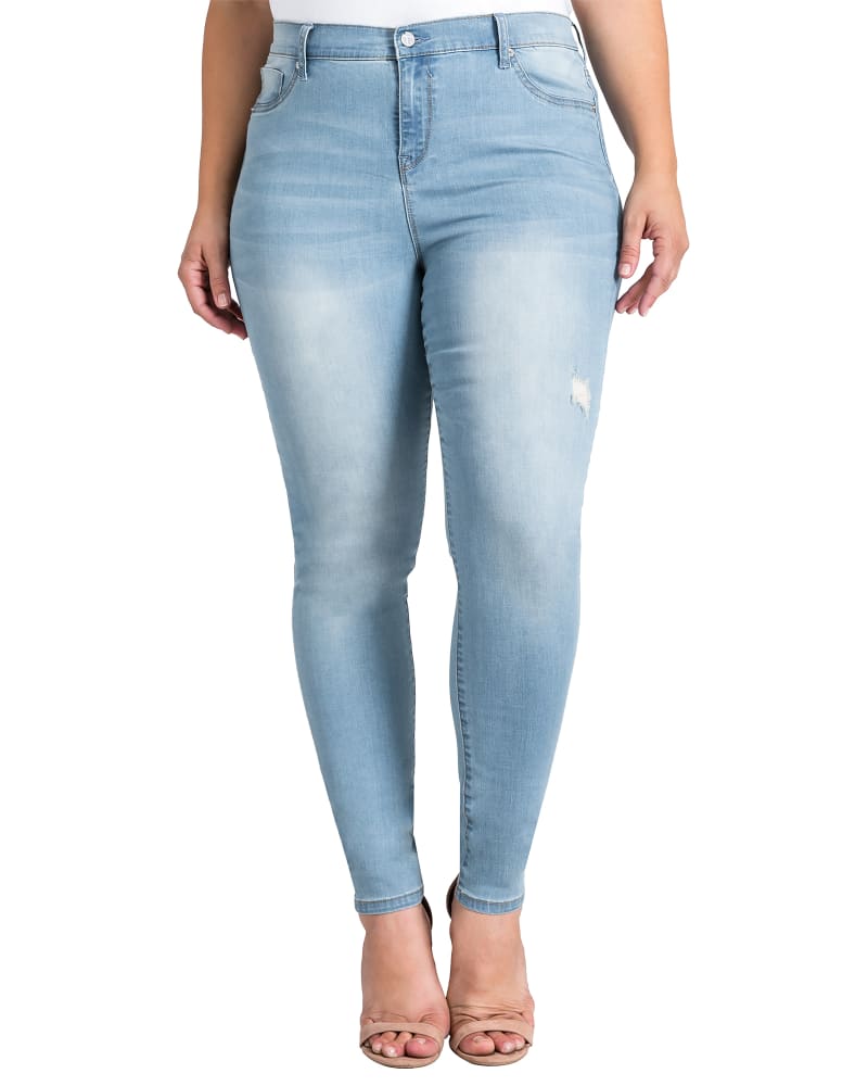 Front of a model wearing a size 12 Scarlett Distressed Ankle Jeans in 1649 Oh Baby by Standards & Practices. | dia_product_style_image_id:276323